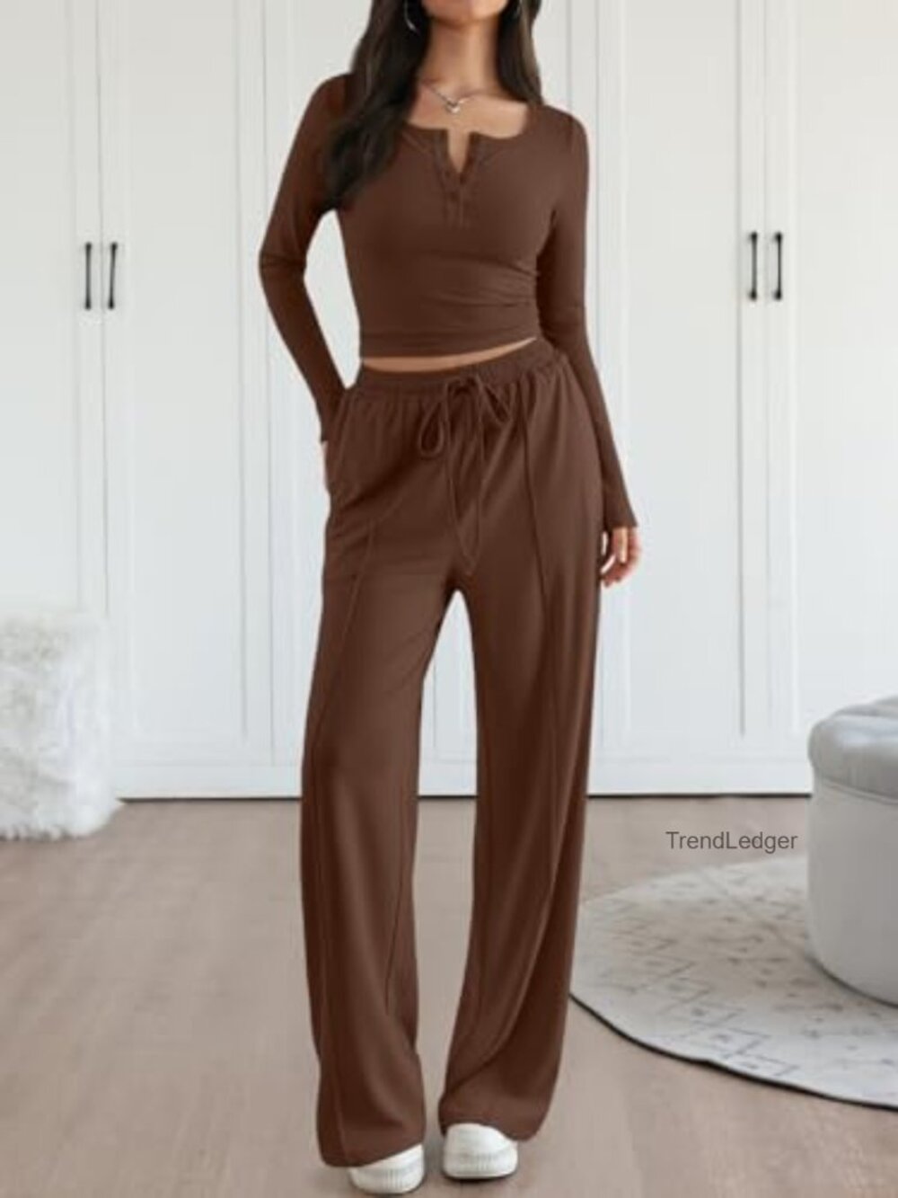 2 Piece Lounge Set Women Matching Sweatsuit Travel Outfits Long Sleeve Top Wide - Picture 6 of 6